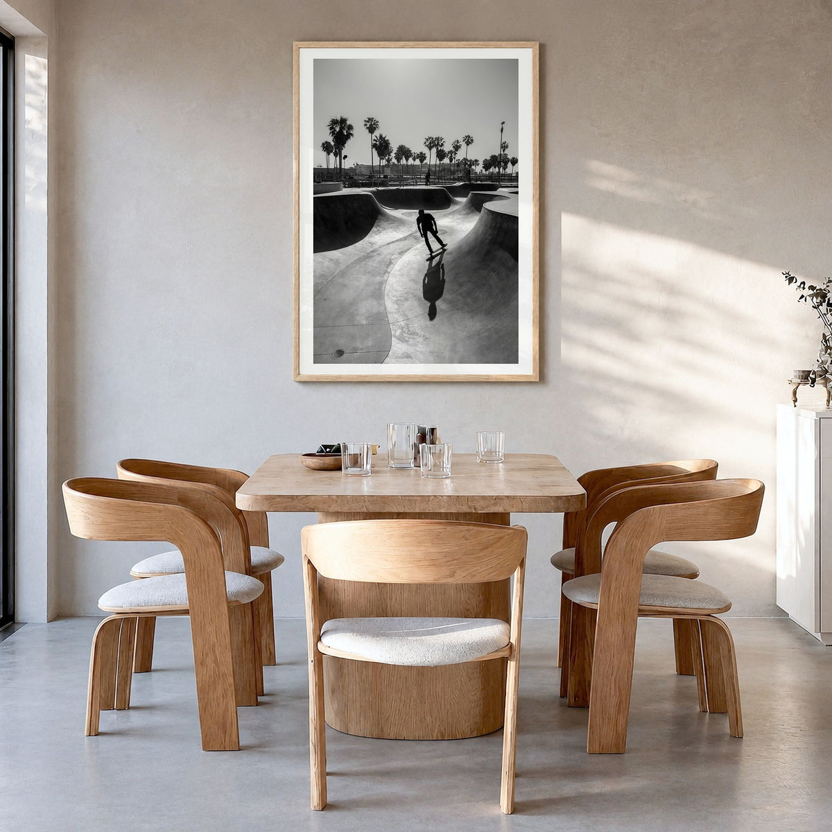 Skateboard Photo No 3 Poster in a natural wood frame, hanging in a dining room, white border