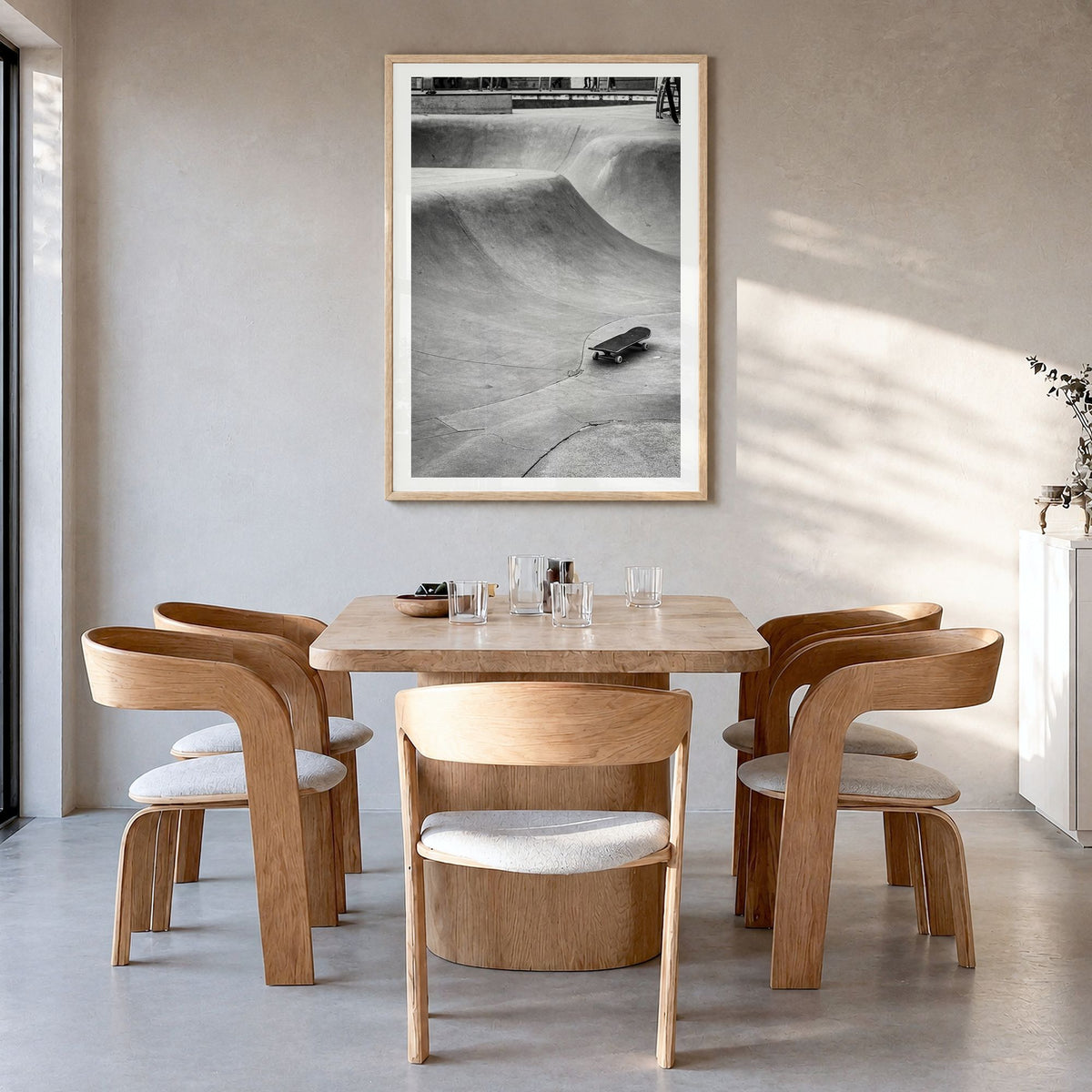 Skateboard Photo No 4 Poster in a natural wood frame, hanging in a dining room, white border
