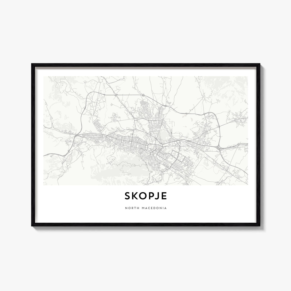 Skopje black & white map poster of North Macedonia – horizontal wall art, unframed print shown in interior mockup