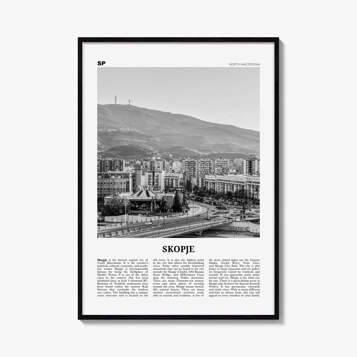 Skopje black & white newspaper poster of North Macedonia – vertical wall art, unframed print shown in interior mockup