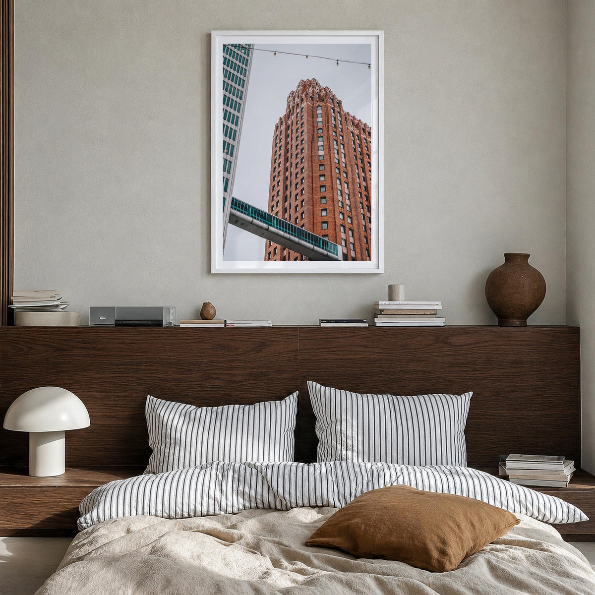 Skybridge colorful photo poster – vertical wall art in white wood frame with white border, hanging on wall