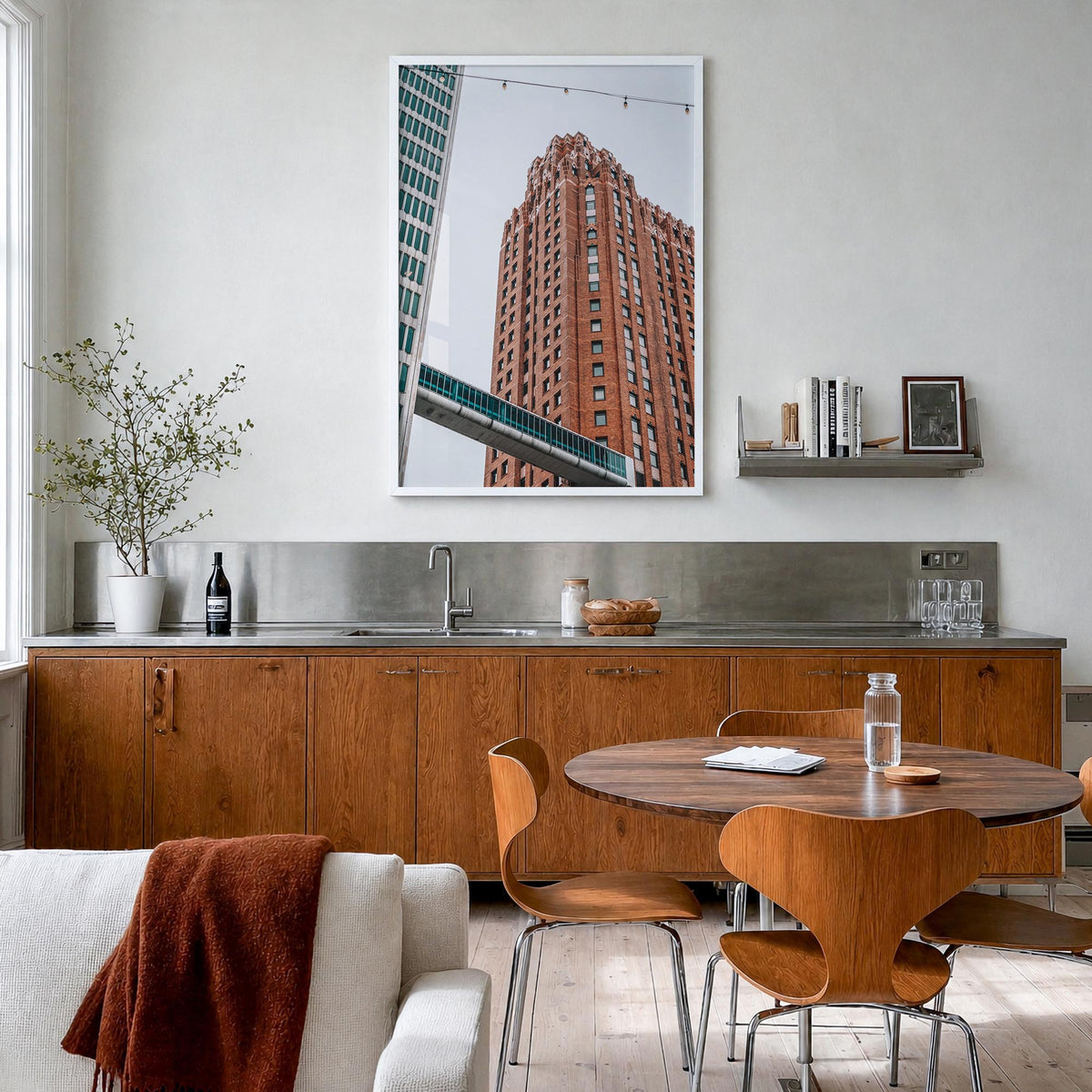 Skybridge colorful photo poster – vertical wall art in white wood frame, hanging on wall