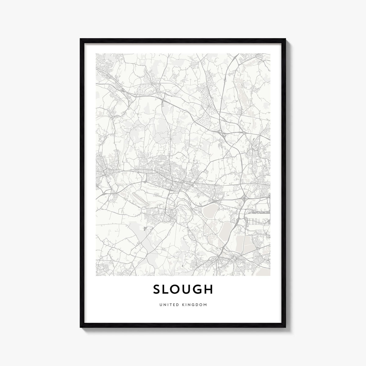 Slough black & white map poster of United Kingdom – vertical wall art, unframed print shown in interior mockup