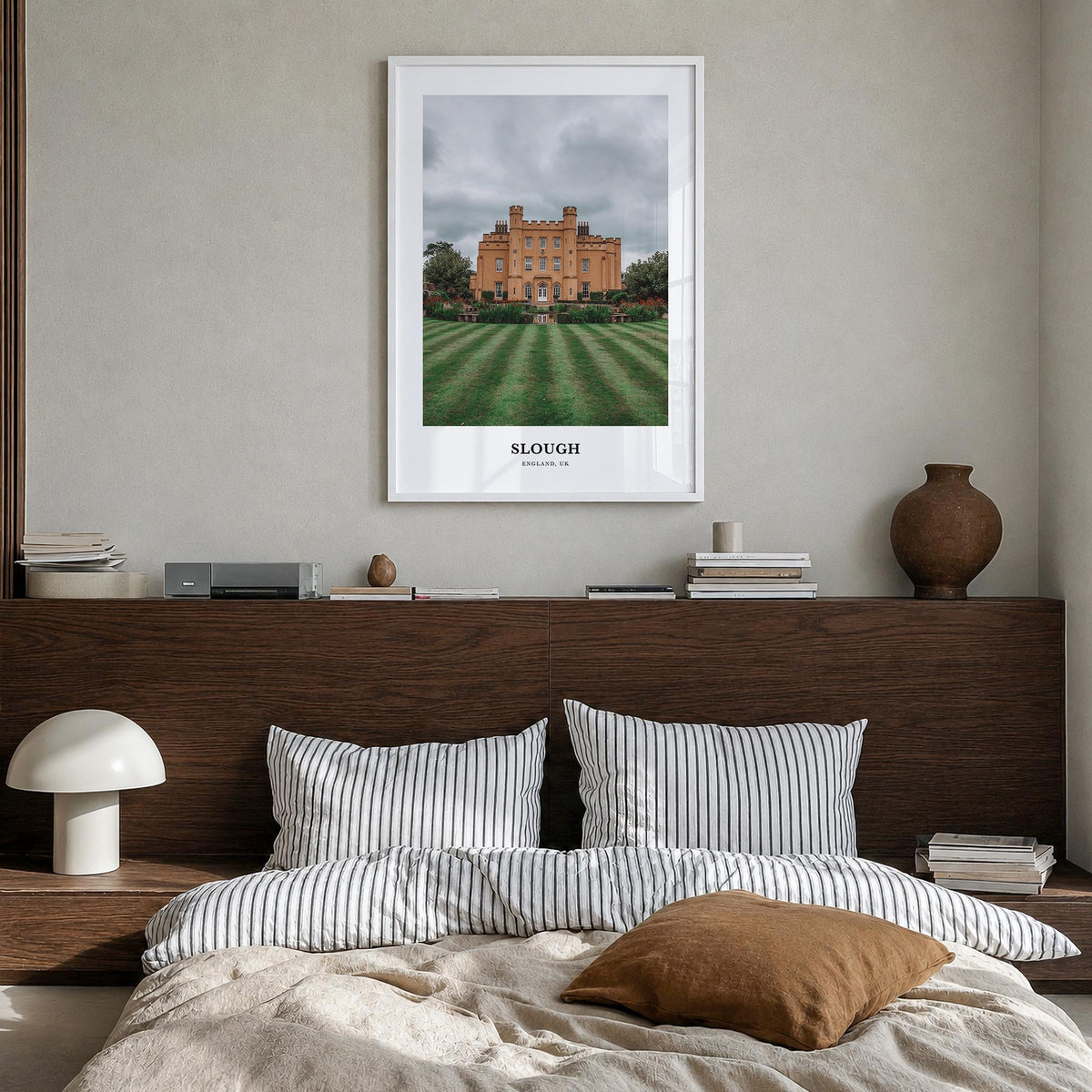 Slough colorful classic poster of United Kingdom – vertical wall art in white wood frame, hanging on wall