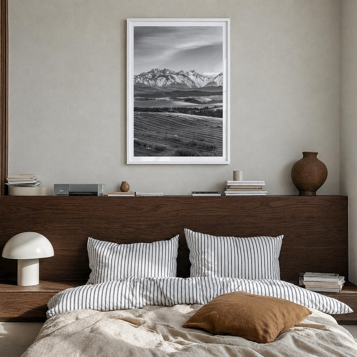 Slovakia black & white photo poster of Europe – vertical wall art in white wood frame with white border, hanging on wall