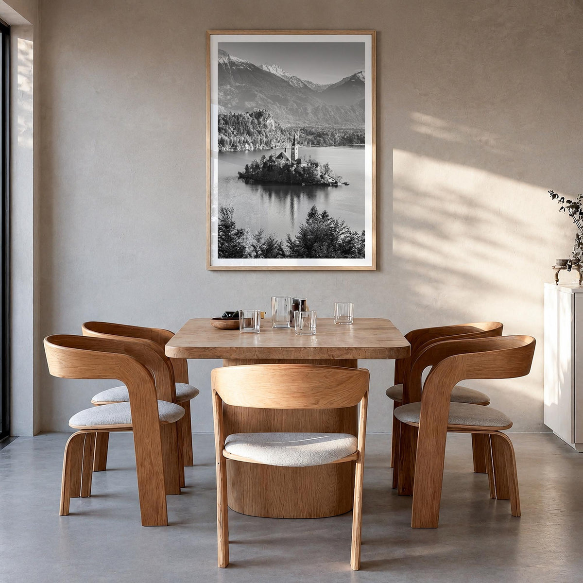 Slovenia black & white photo poster of Europe – vertical wall art in natural wood frame with white border, hanging on wall