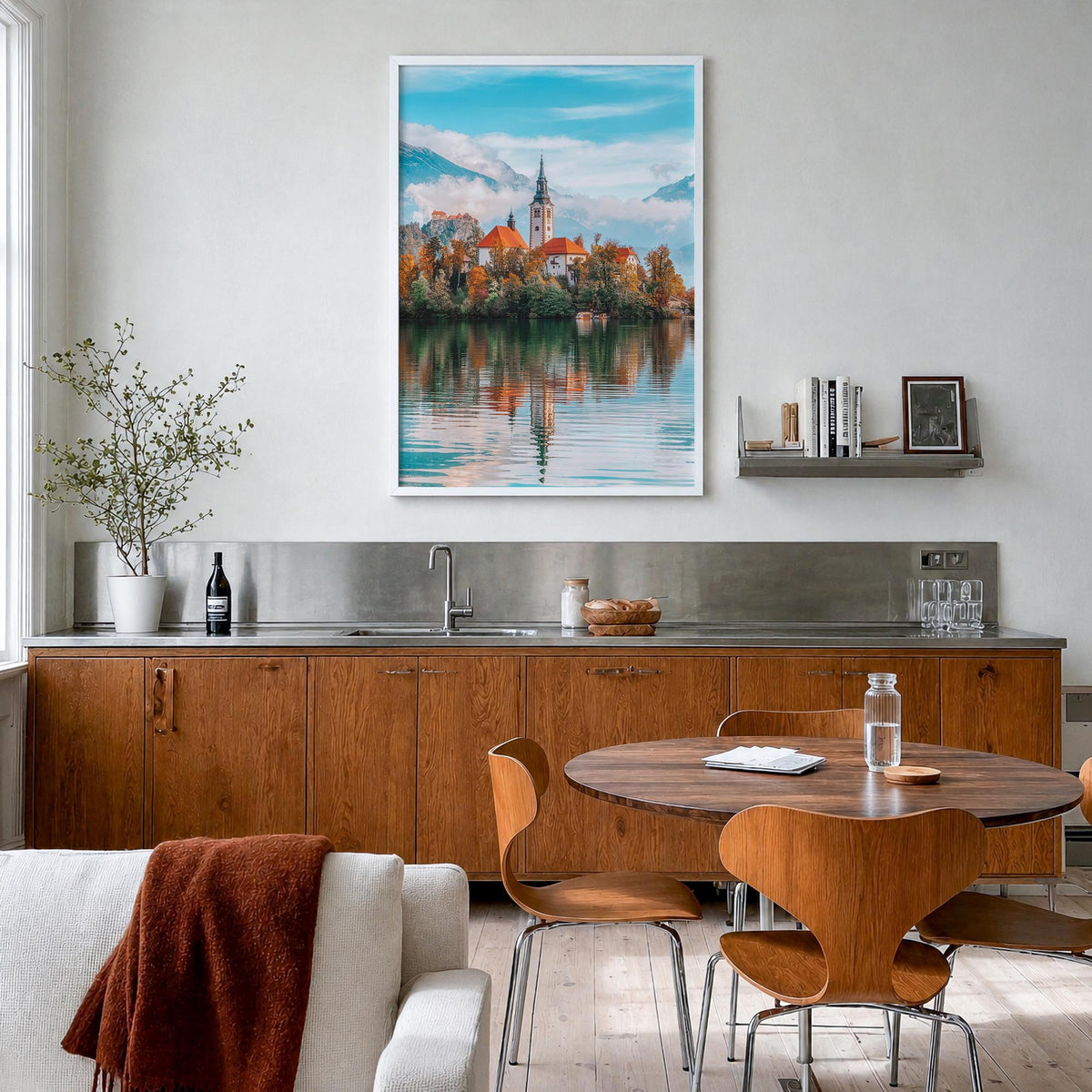 Slovenia colorful photo poster of Europe – vertical wall art in white wood frame, hanging on wall