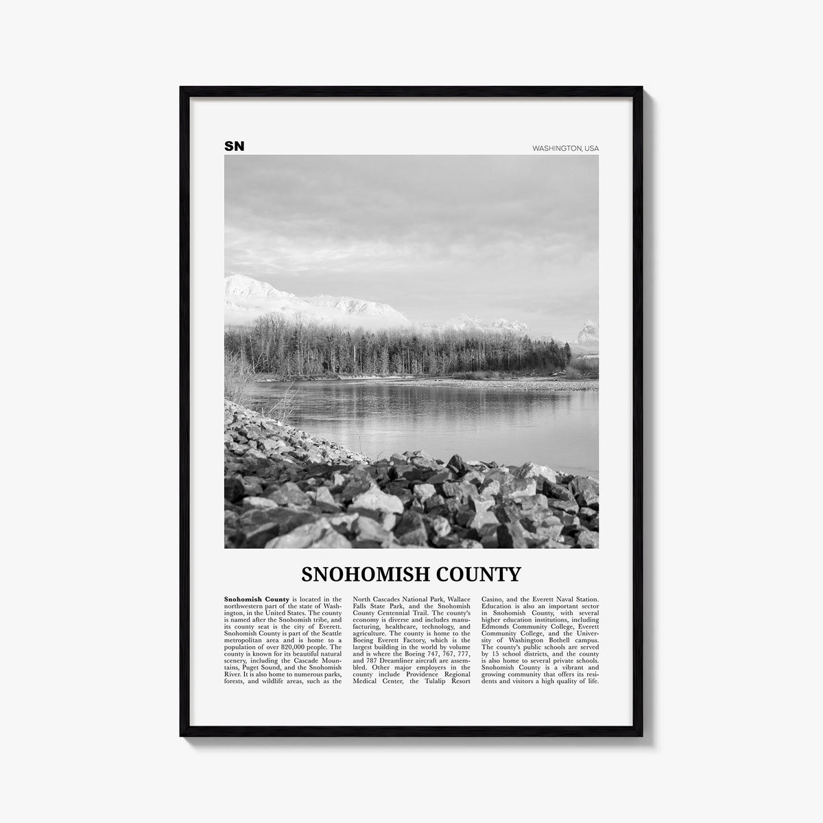 Snohomish County black & white newspaper poster of Washington, USA – vertical wall art, unframed print shown in interior mock