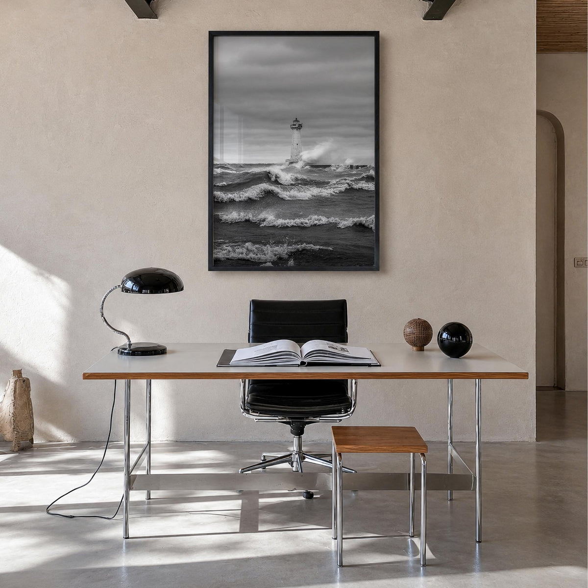 Sodus Point black & white photo poster of New York, USA – vertical wall art in black wood frame, hanging on wall