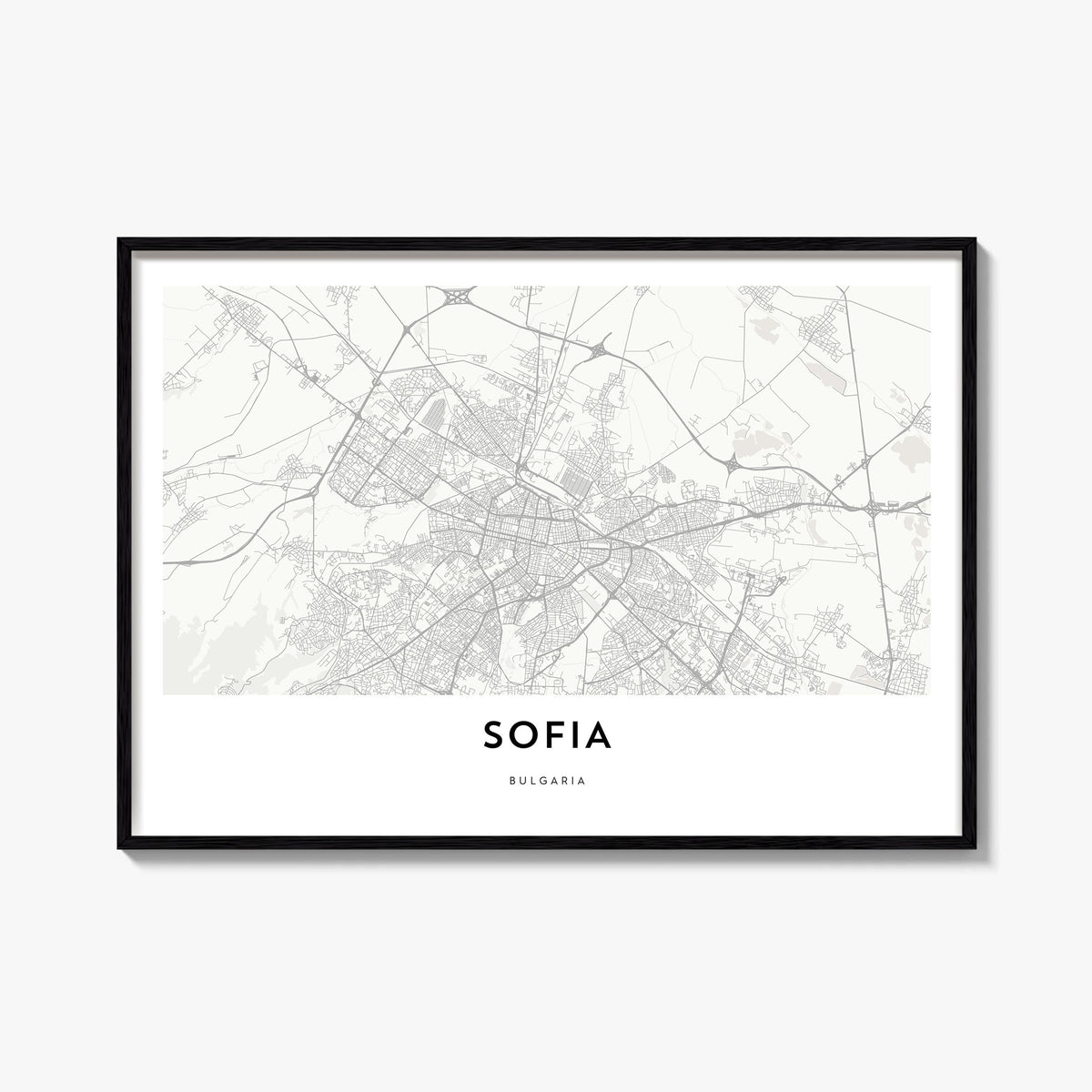 Sofia black & white map poster of Bulgaria – horizontal wall art, unframed print shown in interior mockup