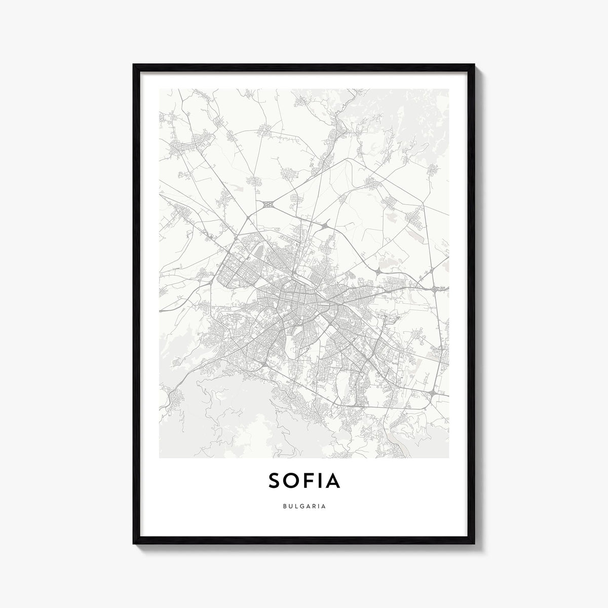 Sofia black & white map poster of Bulgaria – vertical wall art, unframed print shown in interior mockup