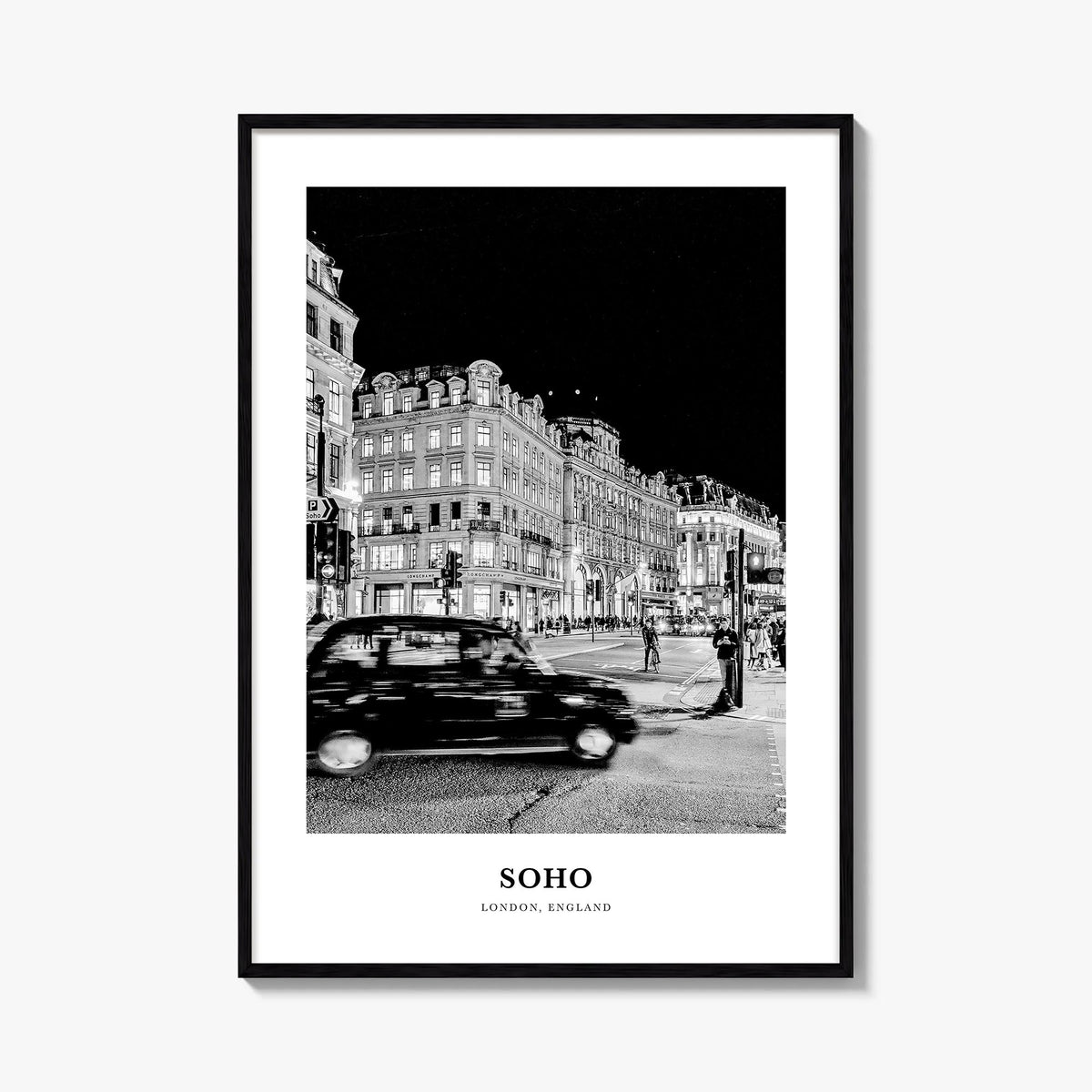 Soho no. 1 black & white classic poster of England, UK – vertical wall art, unframed print shown in interior mockup