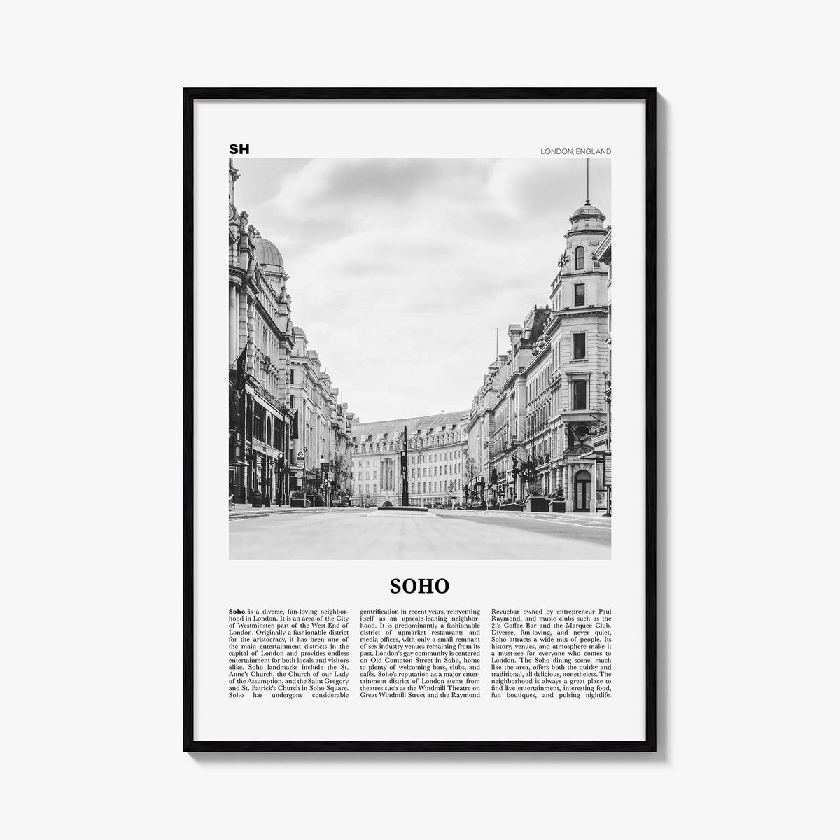 Soho no. 2 black & white newspaper poster of England, UK – vertical wall art, unframed print shown in interior mockup
