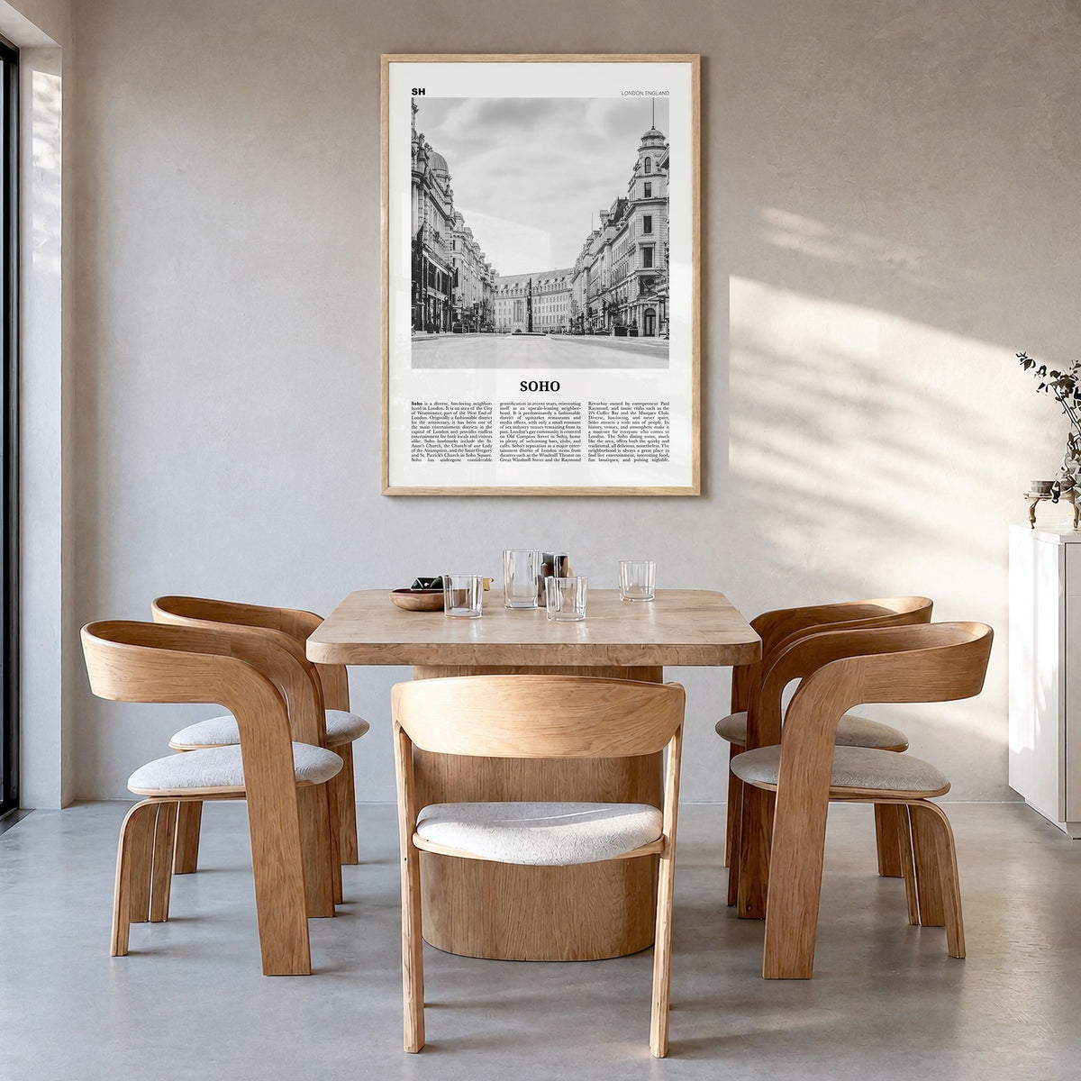 Soho, London Newspaper No 2 Poster in a natural wood frame, hanging in a dining room