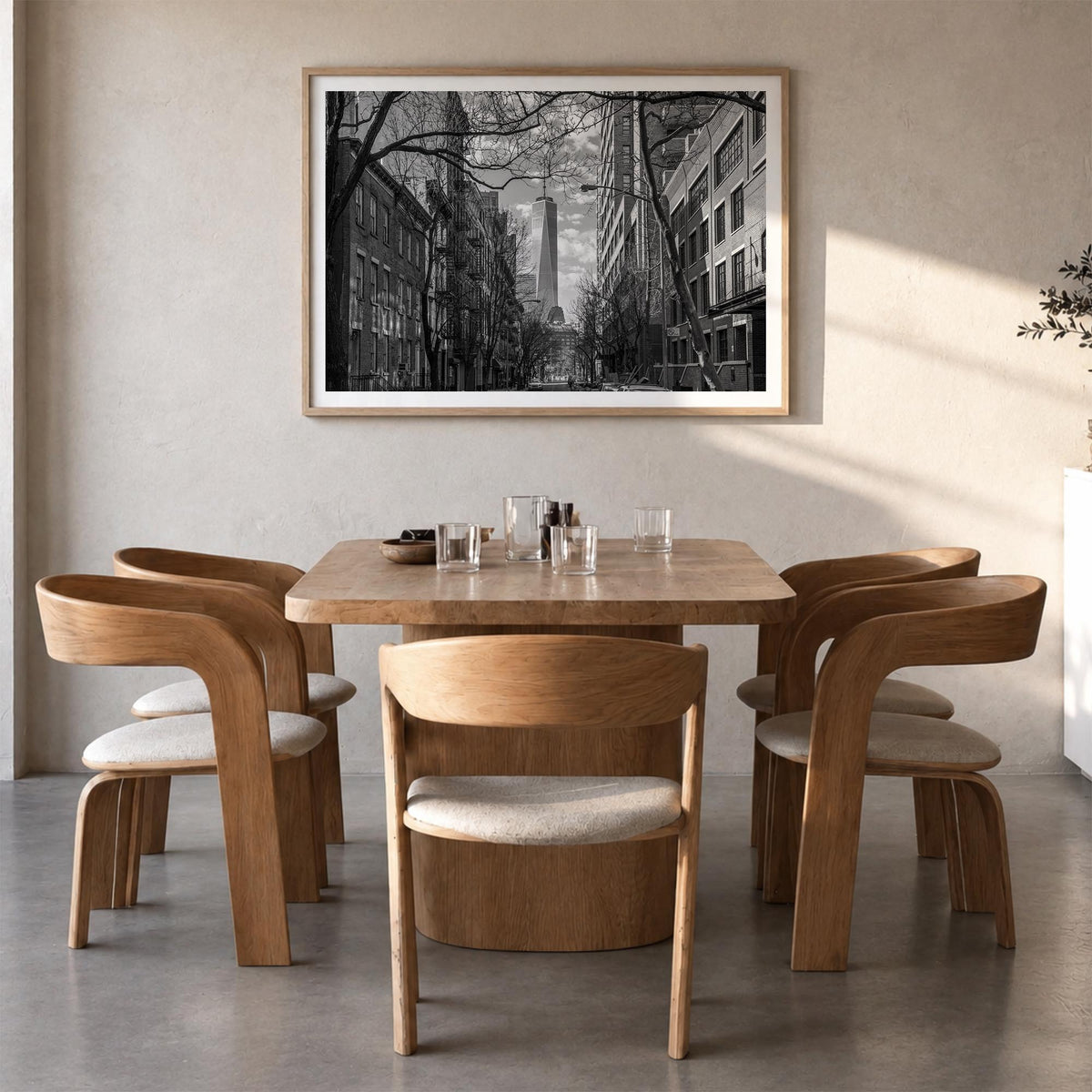 SoHo, New York City black & white photo poster of New York, USA – horizontal wall art in natural wood frame with white border