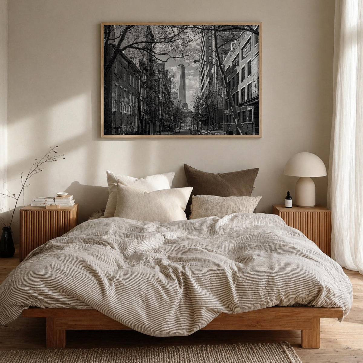 SoHo, New York City black & white photo poster of New York, USA – horizontal wall art in natural wood frame, hanging on wall