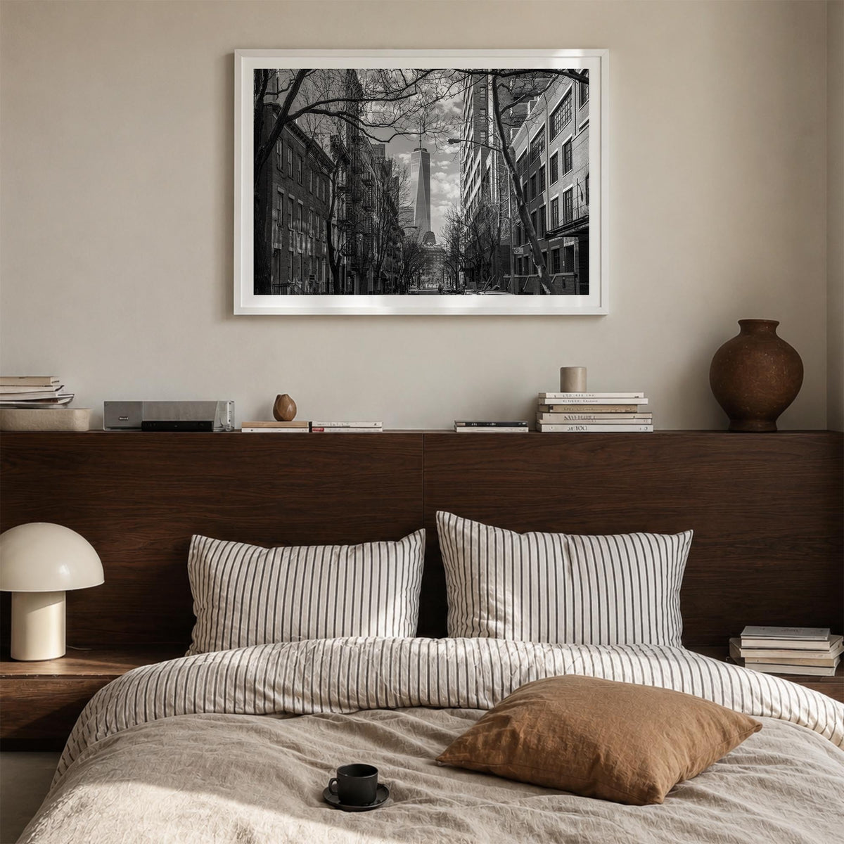 SoHo, New York City black & white photo poster of New York, USA – horizontal wall art in white wood frame with white border,
