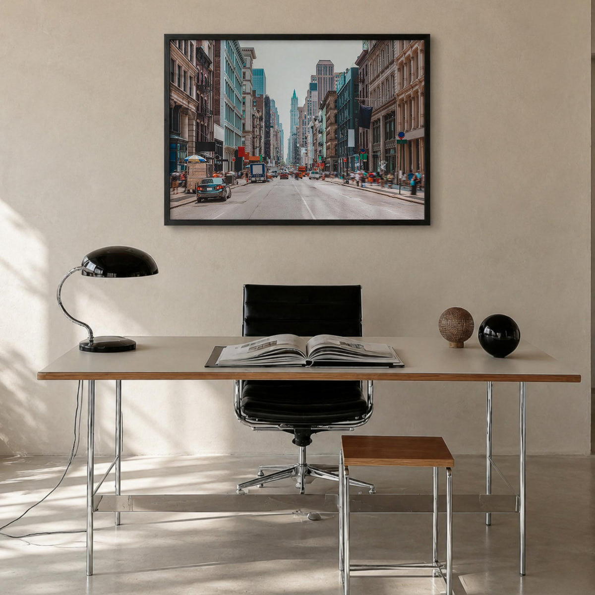 SoHo, New York City colorful photo poster of New York, USA – horizontal wall art in black wood frame, hanging on wall