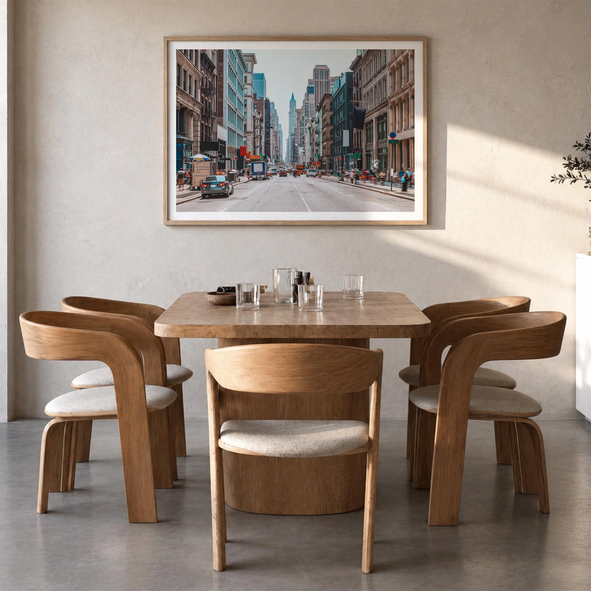SoHo, New York City colorful photo poster of New York, USA – horizontal wall art in natural wood frame with white border, han