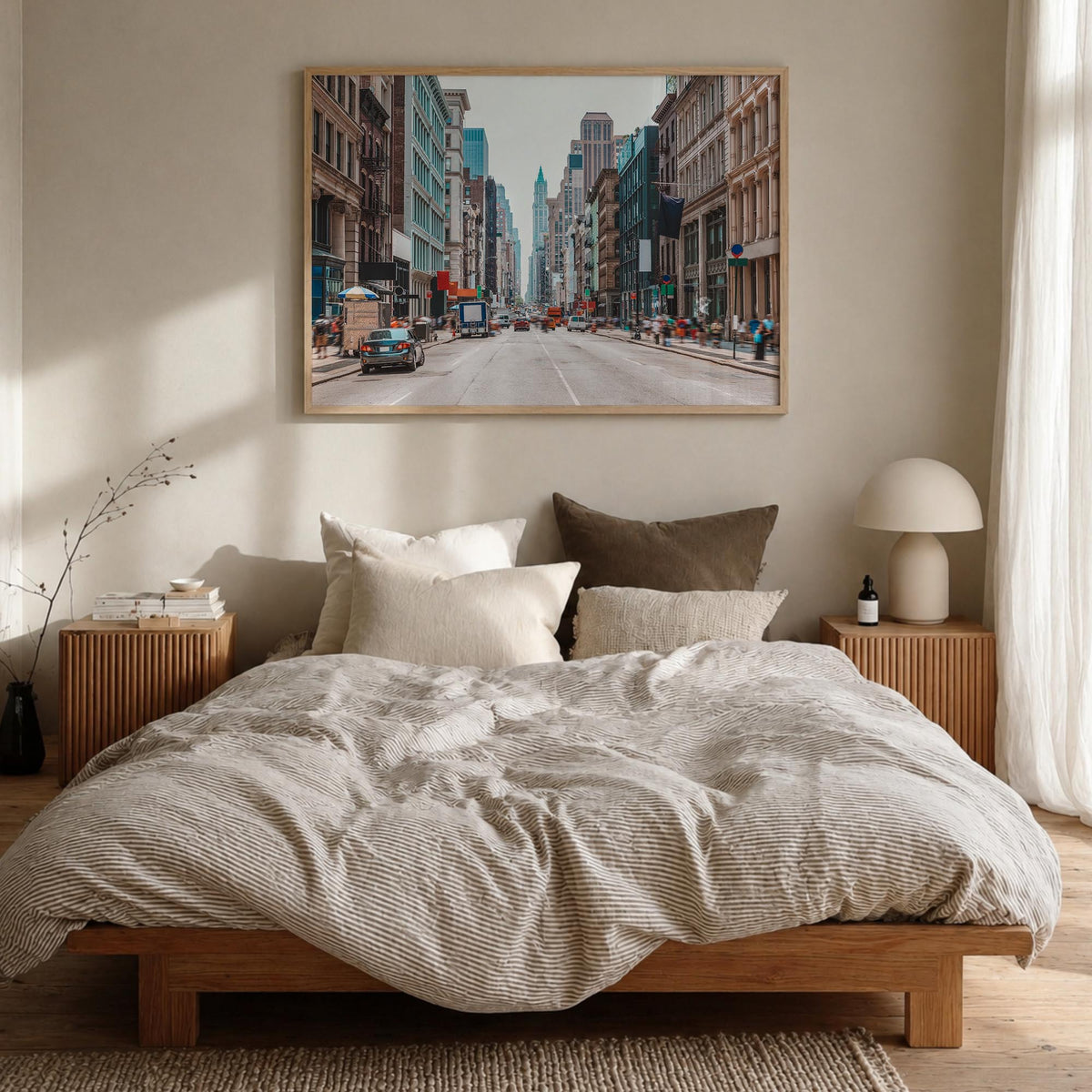 SoHo, New York City colorful photo poster of New York, USA – horizontal wall art in natural wood frame, hanging on wall