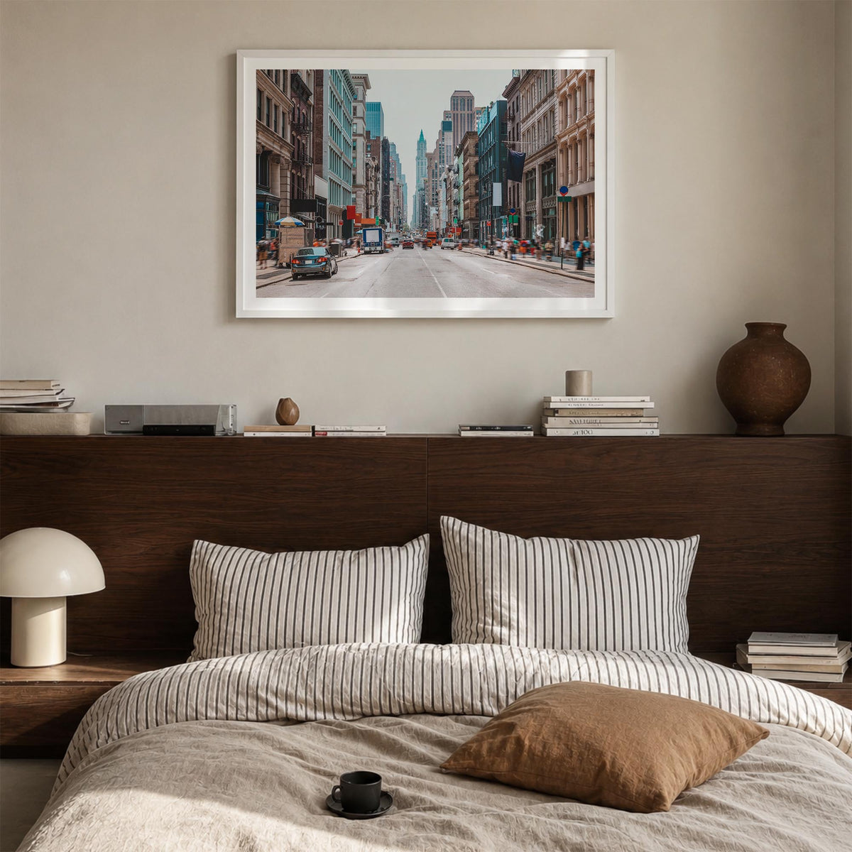 SoHo, New York City colorful photo poster of New York, USA – horizontal wall art in white wood frame with white border, hangi