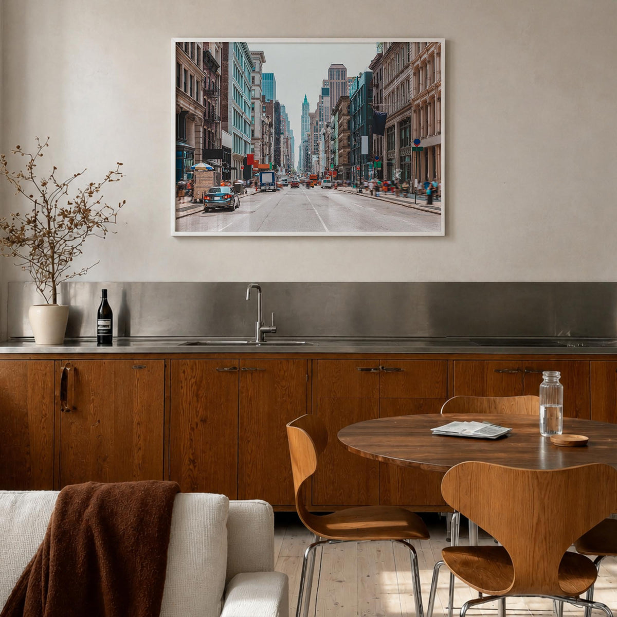 SoHo, New York City colorful photo poster of New York, USA – horizontal wall art in white wood frame, hanging on wall