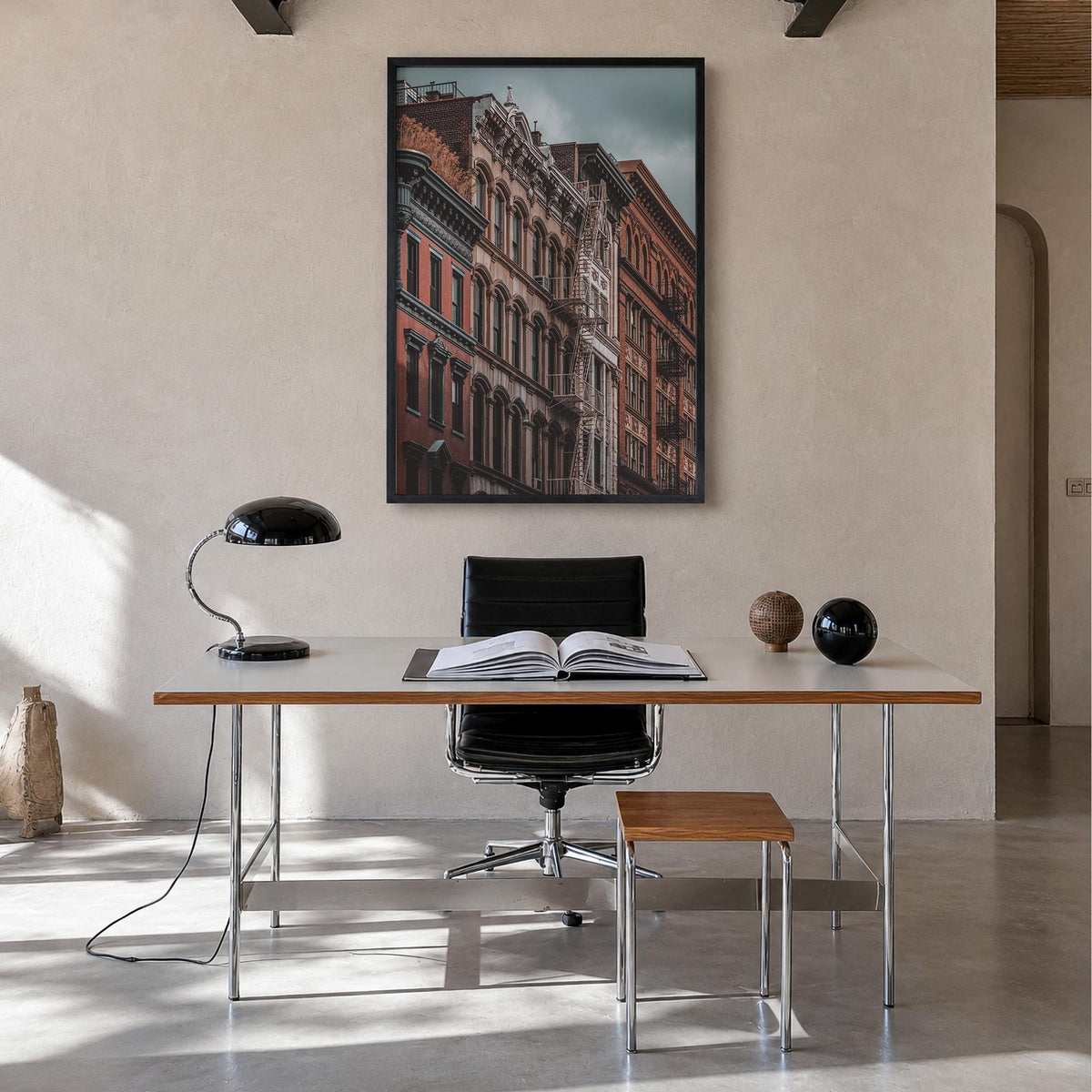 SoHo, New York City no. 1 colorful photo poster of New York, USA – vertical wall art in black wood frame, hanging on wall
