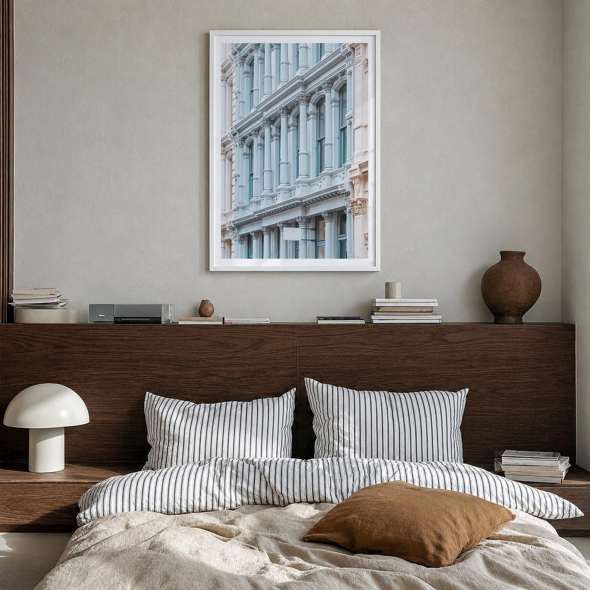 SoHo, New York City no. 5 colorful photo poster of New York, USA – vertical wall art in white wood frame with white border, h