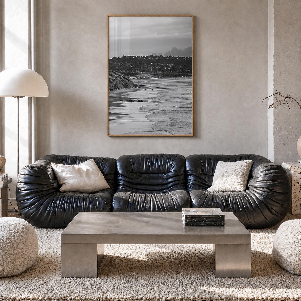 Solana Beach black & white photo poster of California, USA – vertical wall art in natural wood frame, hanging on wall