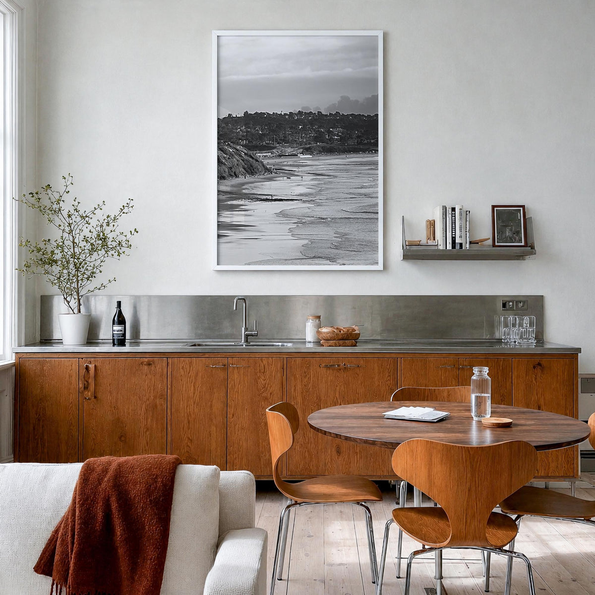 Solana Beach black & white photo poster of California, USA – vertical wall art in white wood frame, hanging on wall