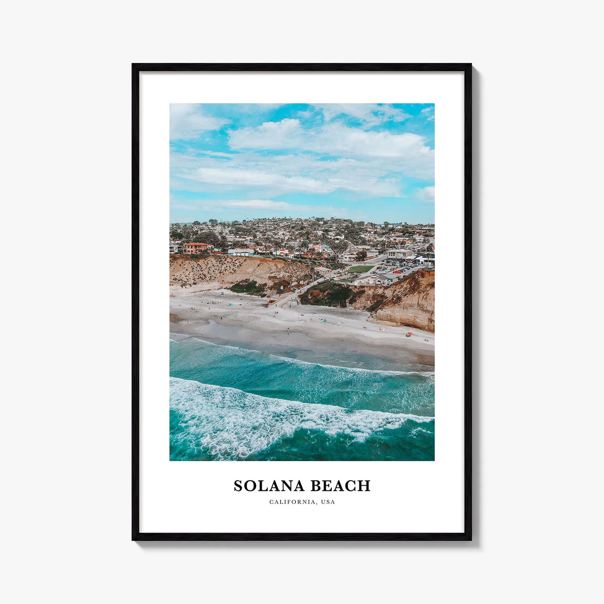 Solana Beach colorful classic poster of California, USA – vertical wall art, unframed print shown in interior mockup