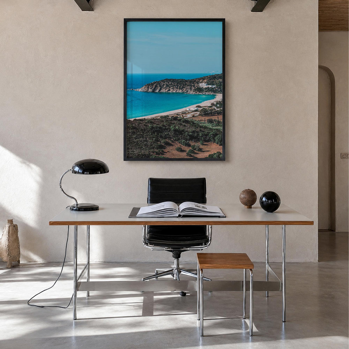 Solana Beach colorful photo poster of California, USA – vertical wall art in black wood frame, hanging on wall