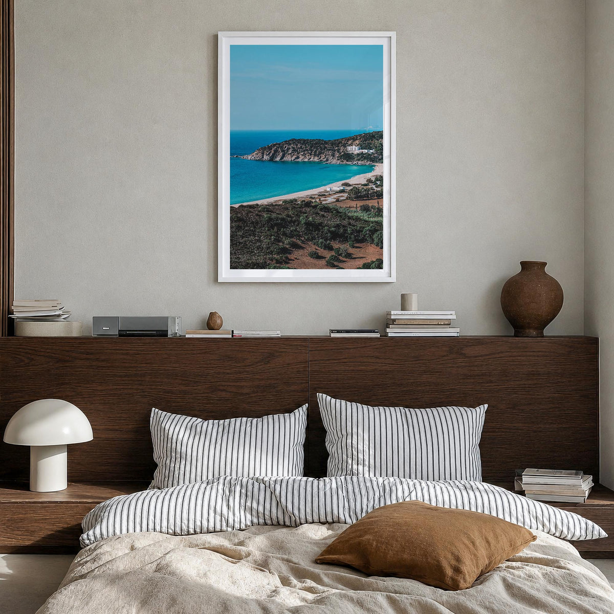 Solana Beach colorful photo poster of California, USA – vertical wall art in white wood frame with white border, hanging on w
