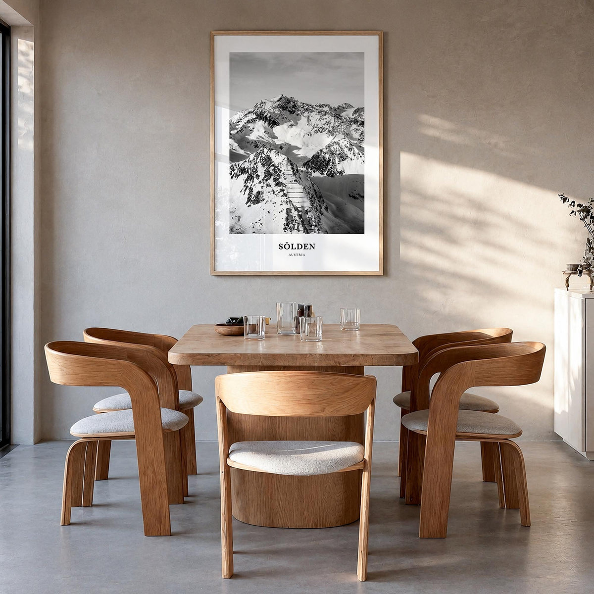 Sölden black & white classic poster of Austria – vertical wall art in natural wood frame, hanging on wall