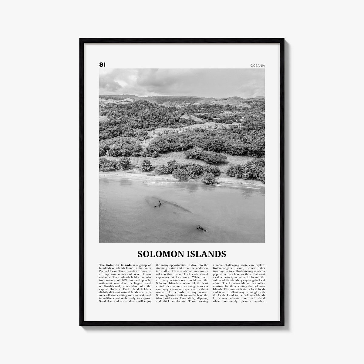 Solomon Islands black & white newspaper poster of Oceania – vertical wall art, unframed print shown in interior mockup