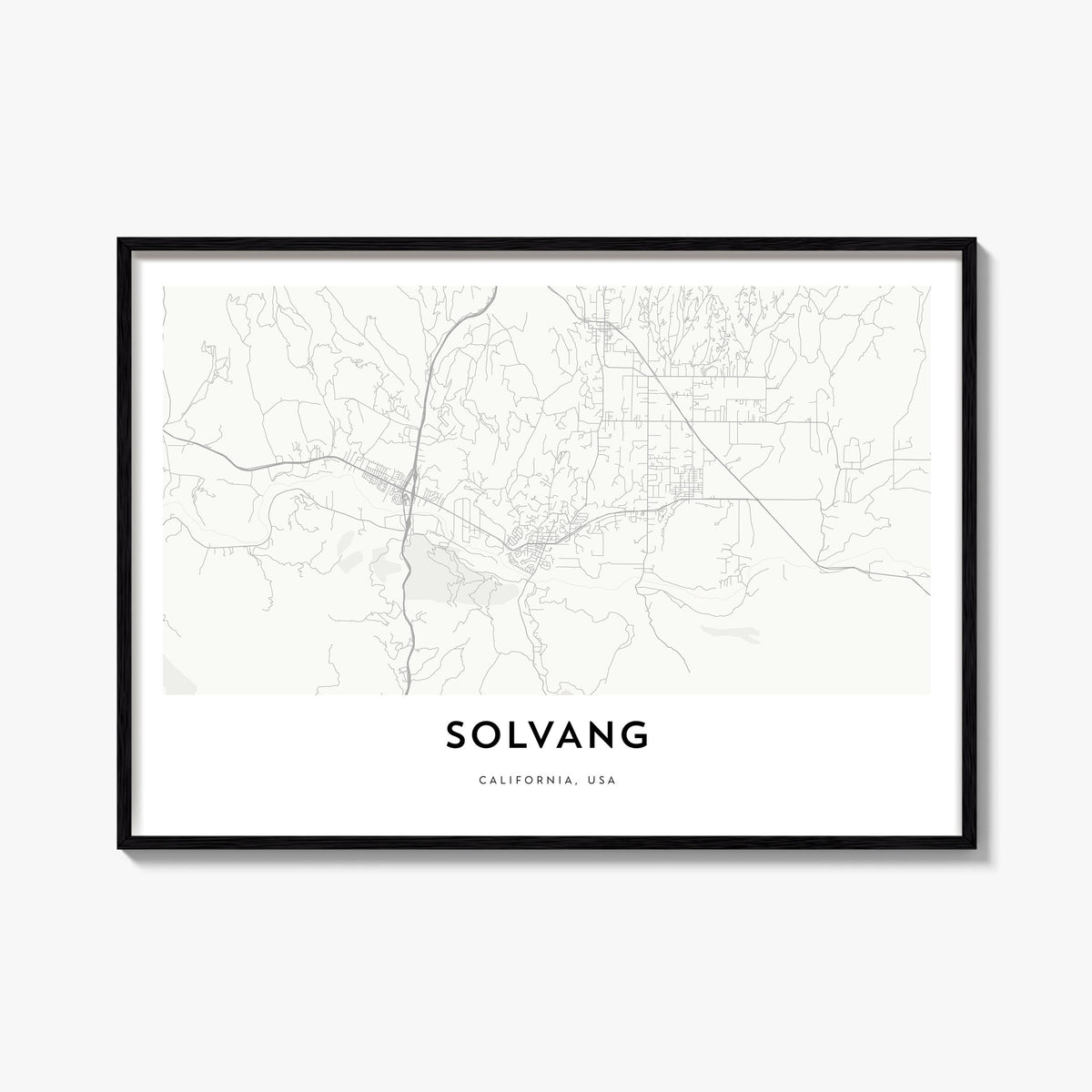 Solvang black & white map poster of California, USA – horizontal wall art, unframed print shown in interior mockup