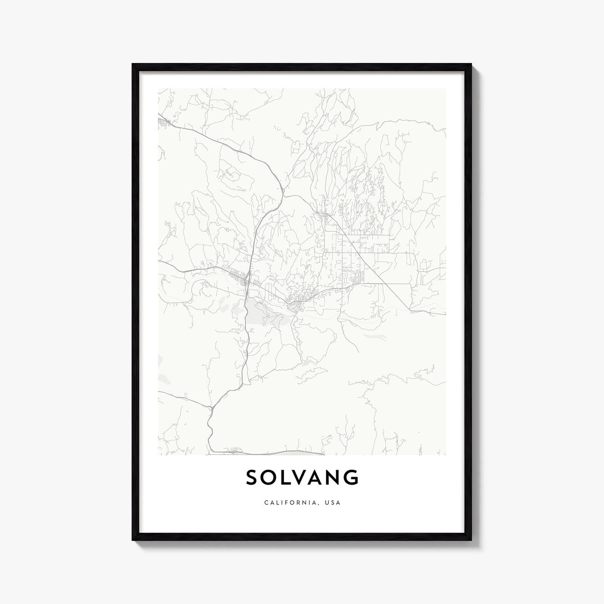Solvang black & white map poster of California, USA – vertical wall art, unframed print shown in interior mockup