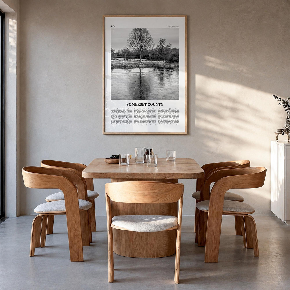 Somerset County black & white newspaper poster of New Jersey, USA – vertical wall art in natural wood frame, hanging on wall