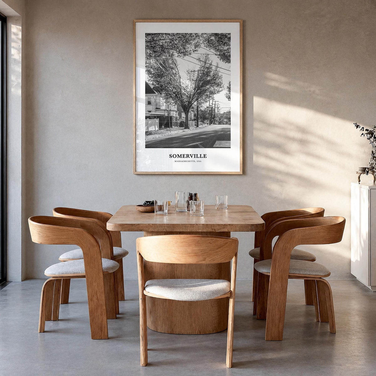 Somerville black & white classic poster of Massachusetts, USA – vertical wall art in natural wood frame, hanging on wall