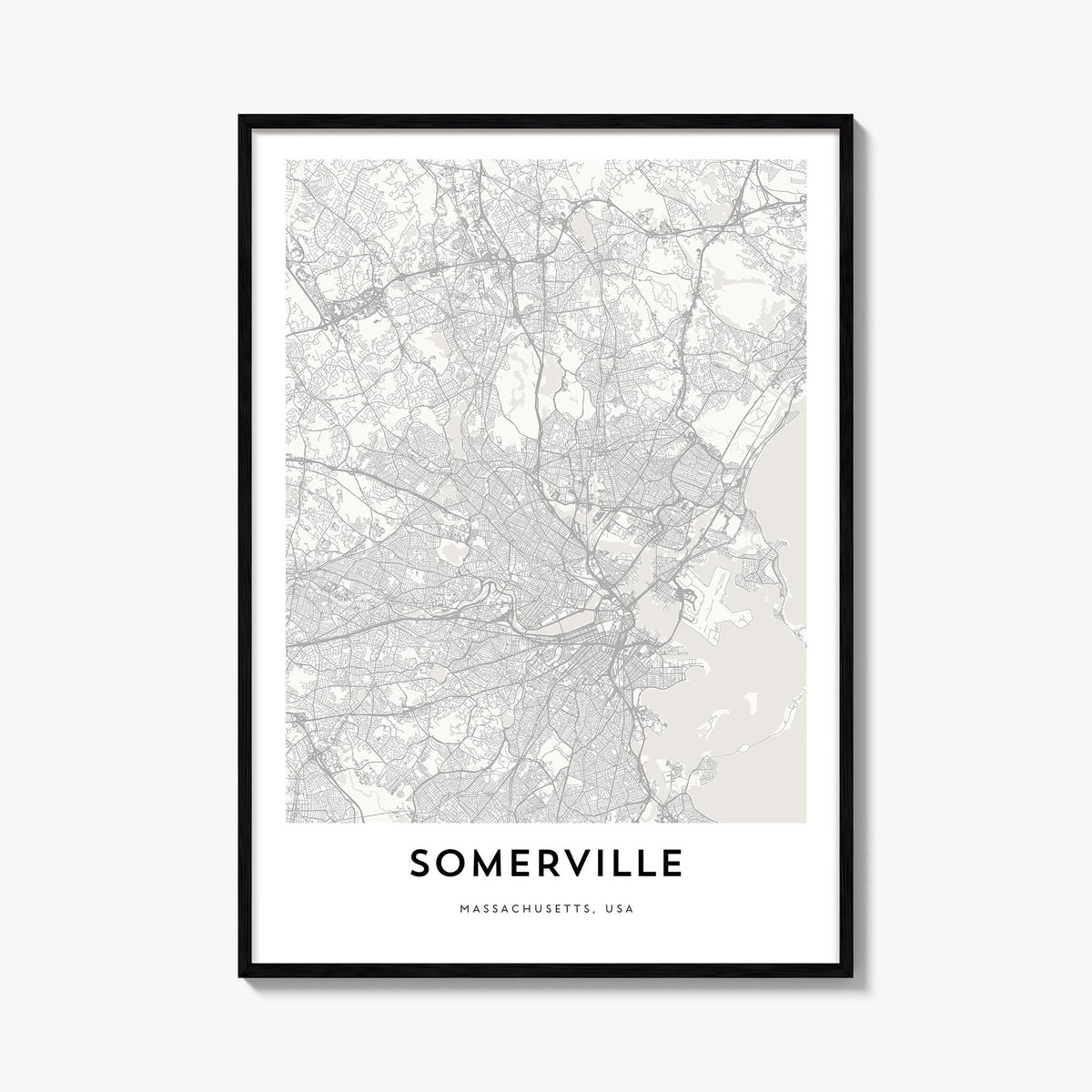 Somerville black & white map poster of Massachusetts, USA – vertical wall art, unframed print shown in interior mockup