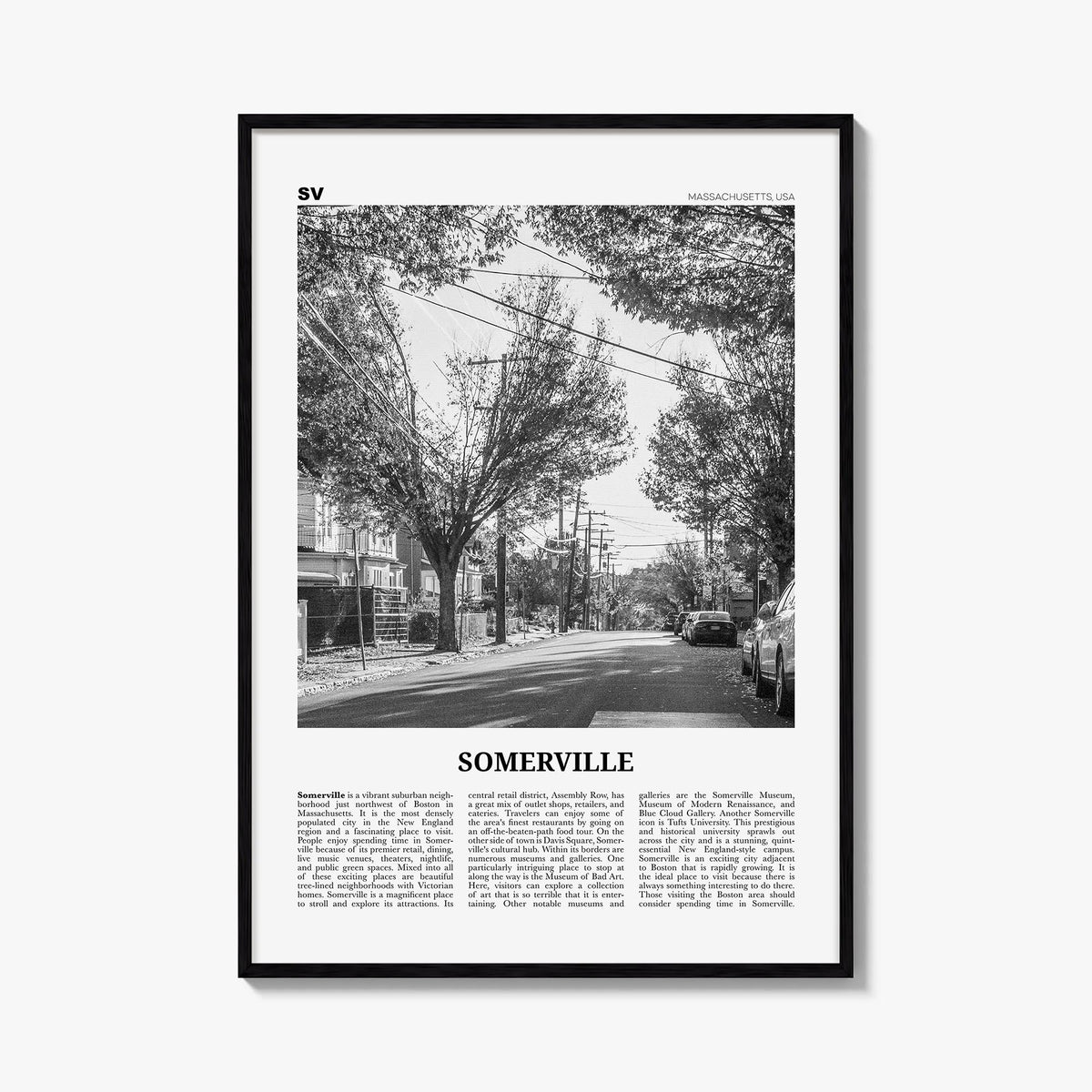 Somerville black & white newspaper poster of Massachusetts, USA – vertical wall art, unframed print shown in interior mockup