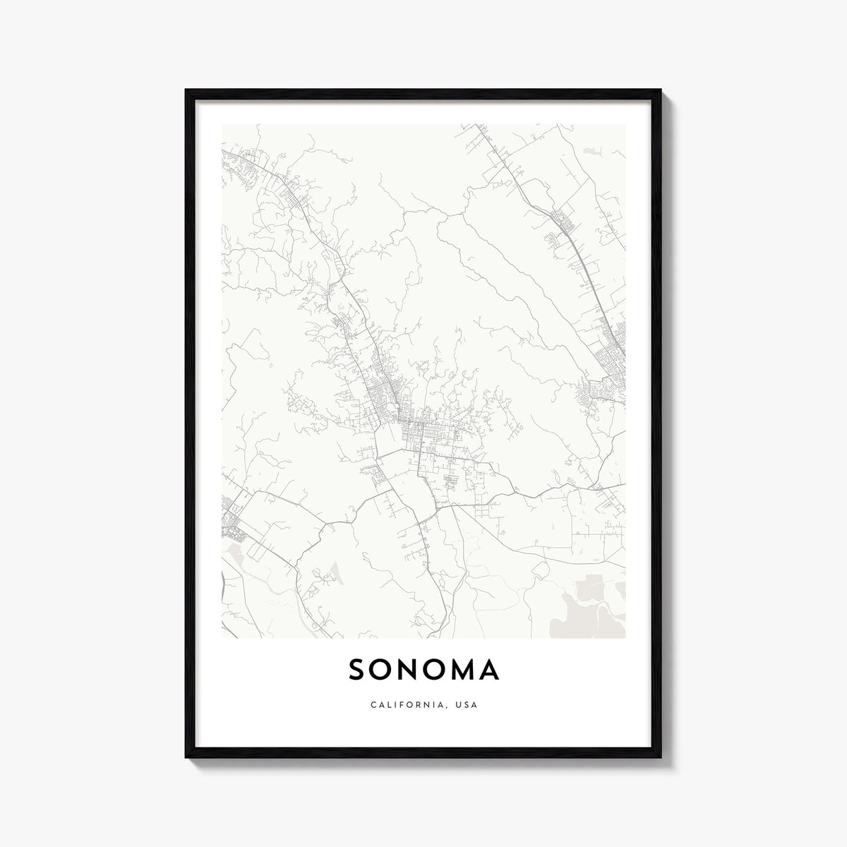 Sonoma black & white map poster of California, USA – vertical wall art, unframed print shown in interior mockup