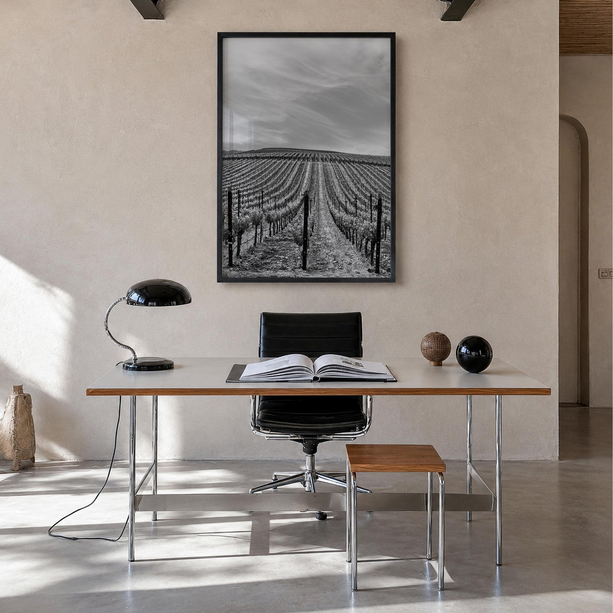 Sonoma black & white photo poster of California, USA – vertical wall art in black wood frame, hanging on wall