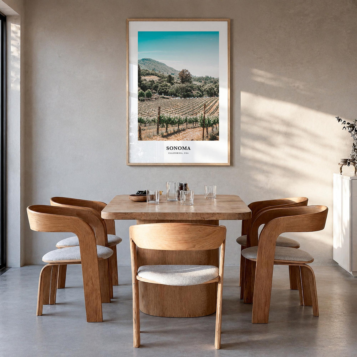Sonoma colorful classic poster of California, USA – vertical wall art in natural wood frame, hanging on wall