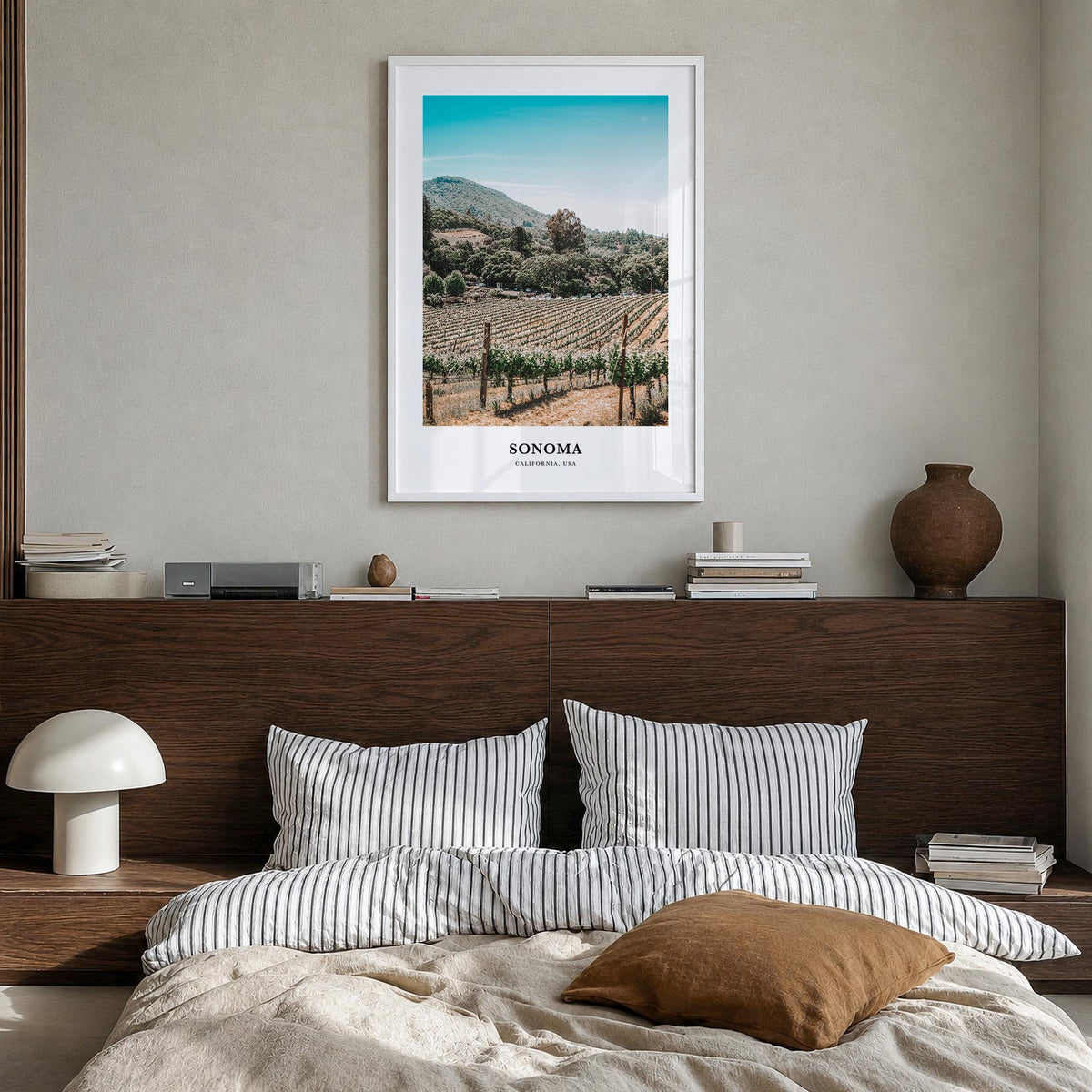 Sonoma colorful classic poster of California, USA – vertical wall art in white wood frame, hanging on wall