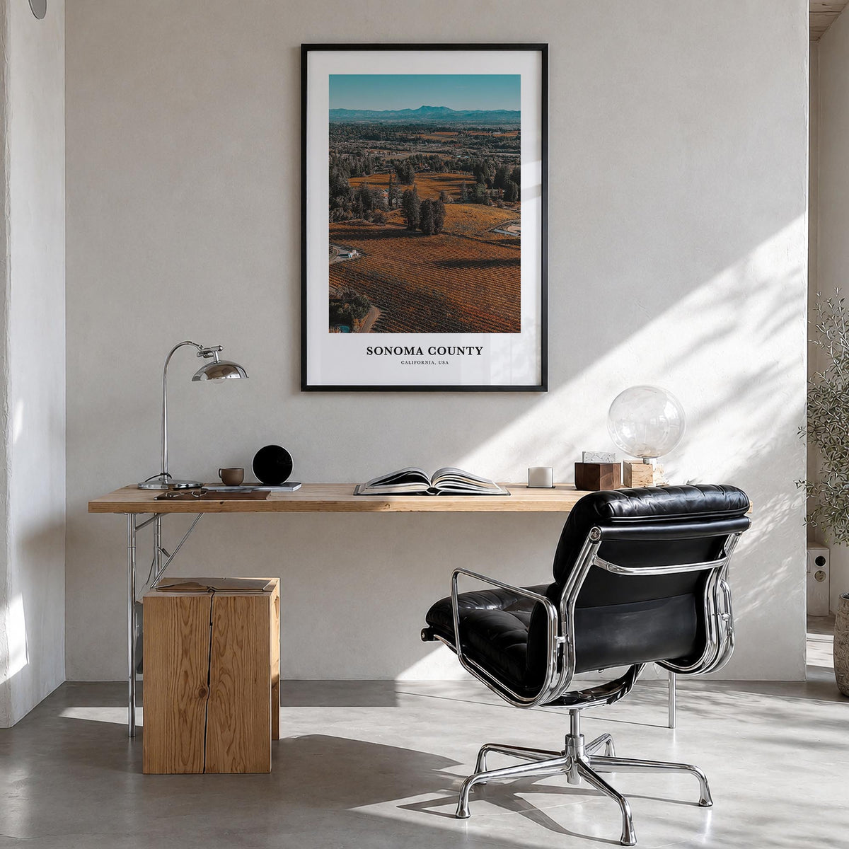 Sonoma County colorful classic poster of California, USA – vertical wall art in black wood frame, hanging on wall
