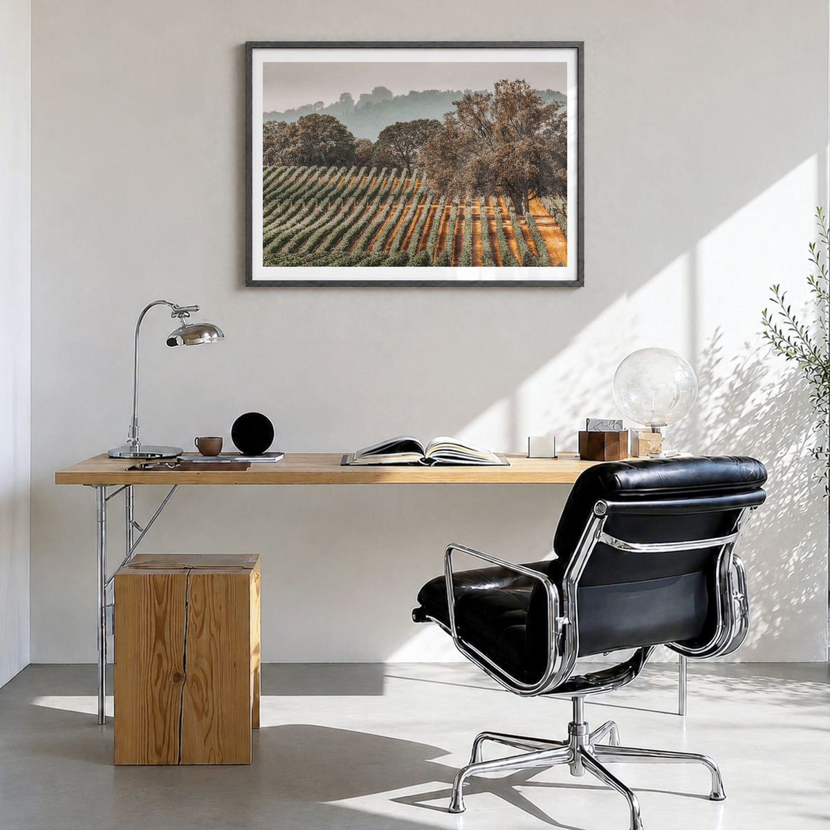 Sonoma Photo Poster in a black wood frame, hanging in a bright home office, white border