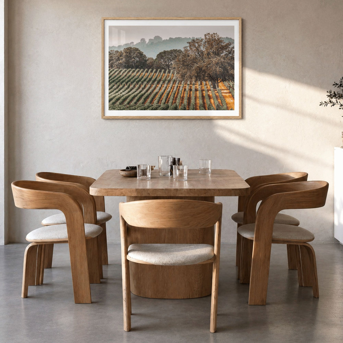 Sonoma Photo Poster in a natural wood frame, hanging in a dining room, white border