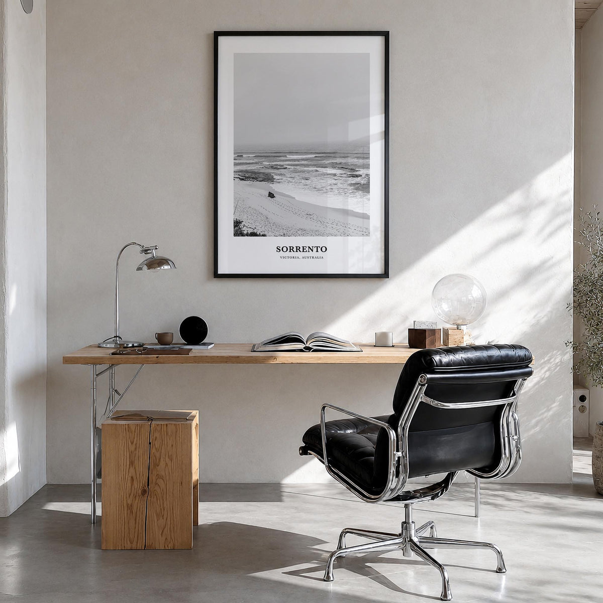 Sorrento, Australia black & white classic poster of Australia – vertical wall art in black wood frame, hanging on wall