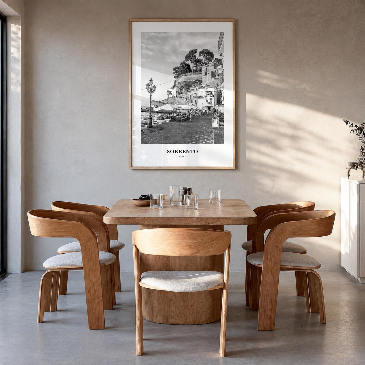 Sorrento, Italy black & white classic poster of Italy – vertical wall art in natural wood frame, hanging on wall